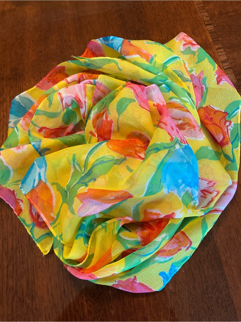 Yellow colorful Floral Lightweight Scarf with Multicolor Blooms 11“ x 52“
